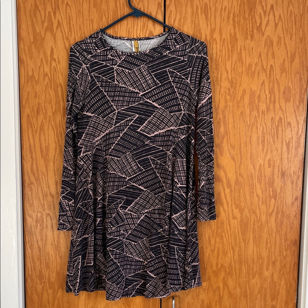 Geometric Navy and Pink Long Sleeve Maternity Dress